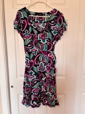 Nicole Miller Faux Wrap Paisley Midi Dress Ruffle Hem Stretch Black Purple Sz L